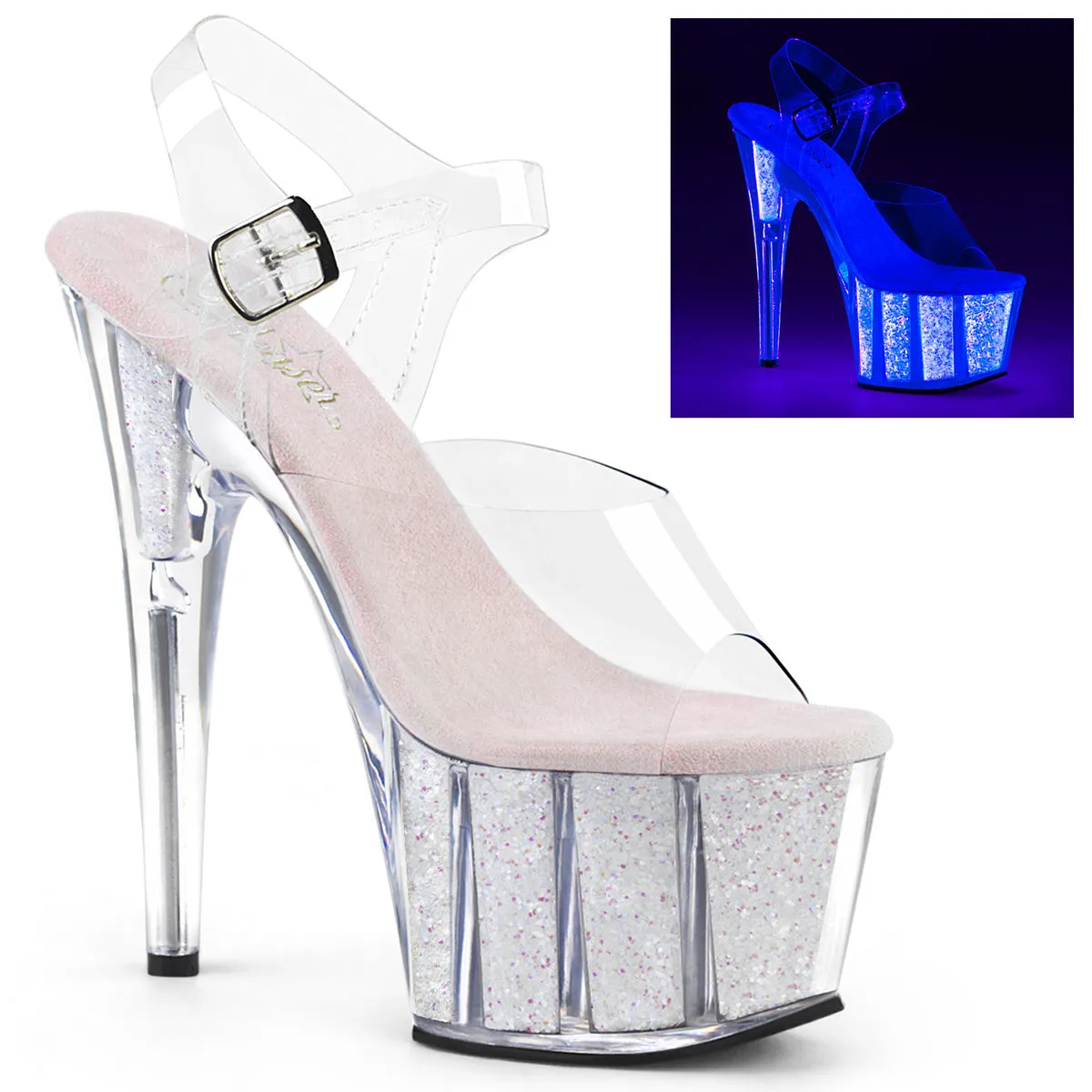 ADORE-708UVG Pleaser Clear/Neon Opal Glitter Sexy Platform Shoes (Pole Dancing Heels)