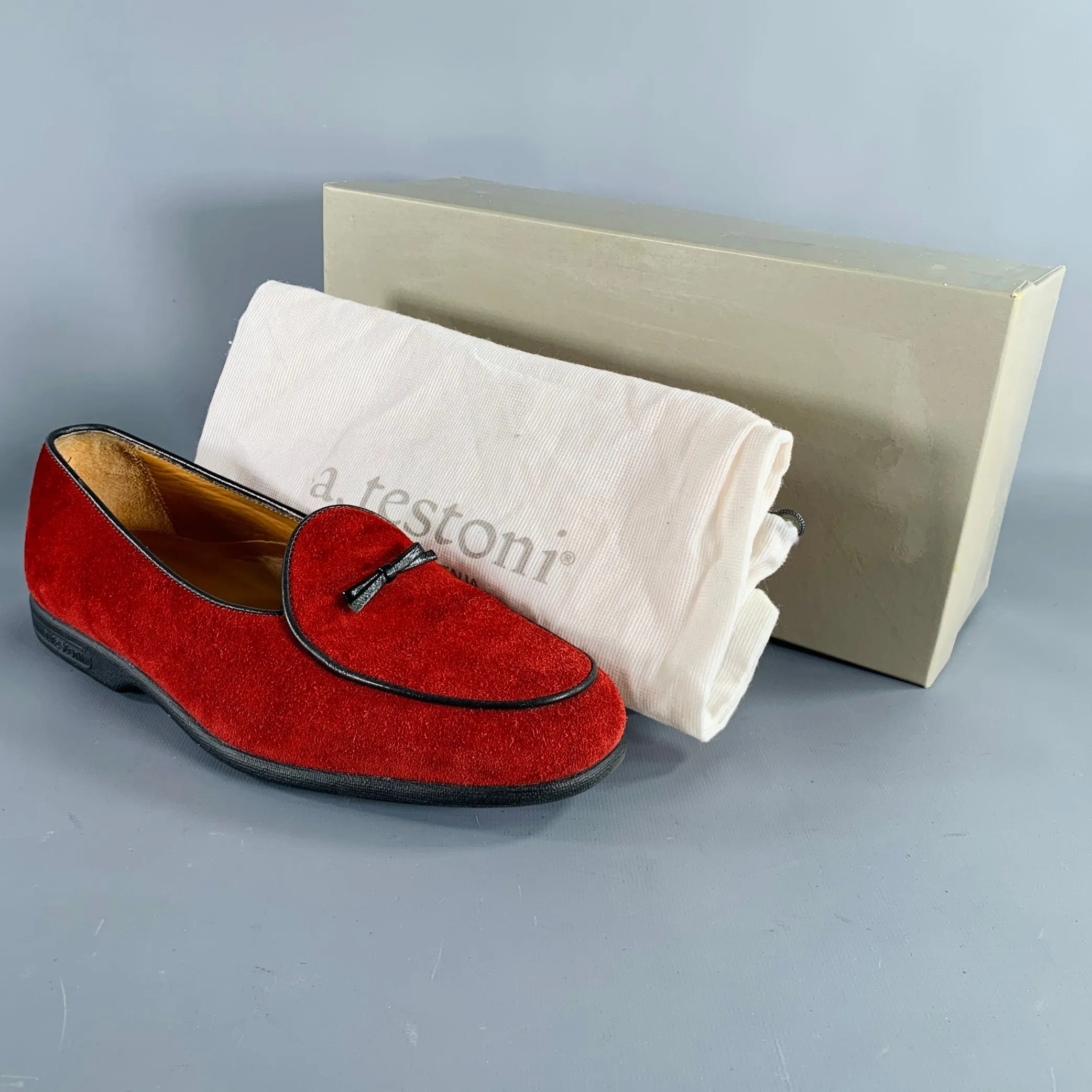 A.TESTONI Size 8 Burgundy Black Contrast Trim Suede Slip On Loafers