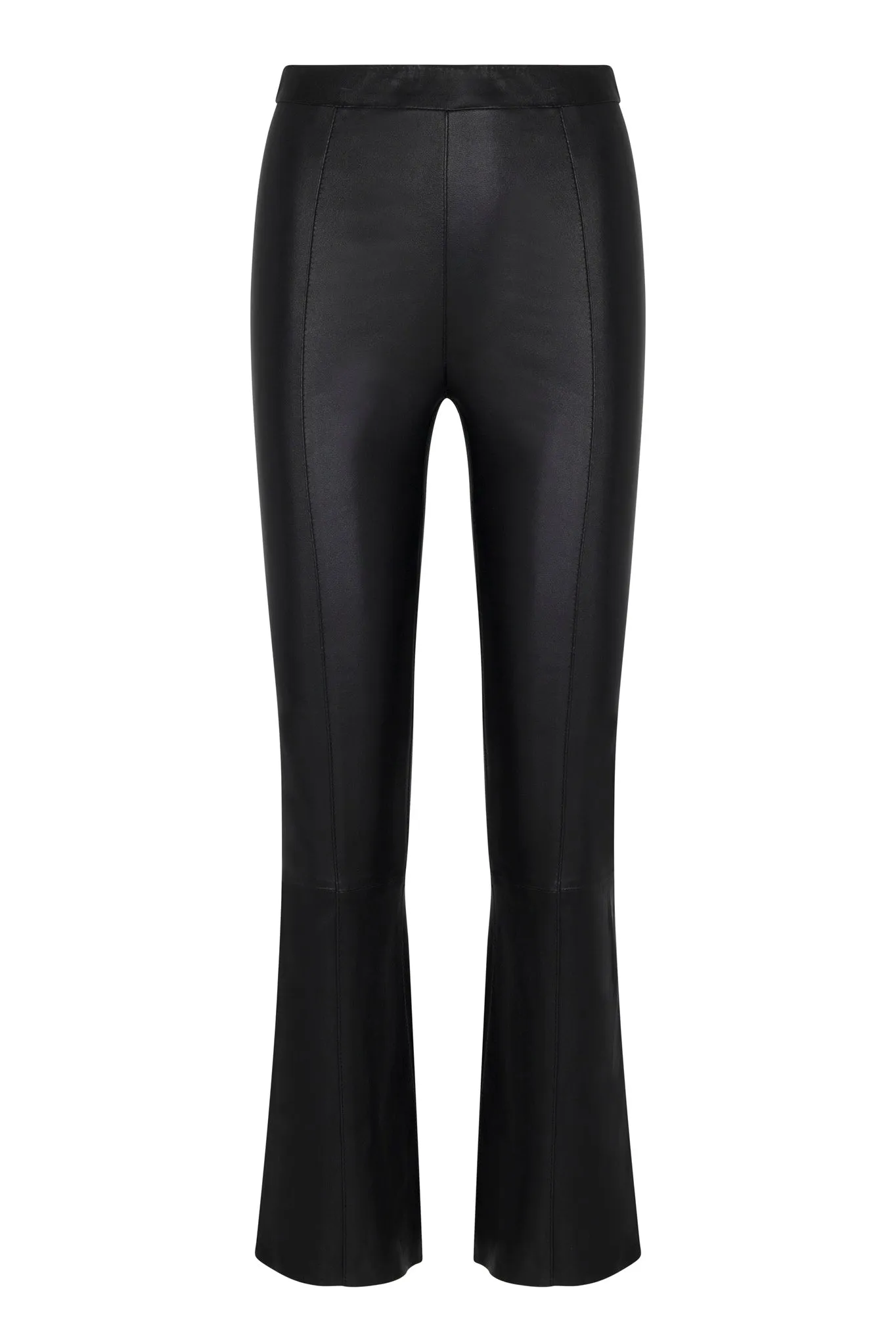 Black Leather Ankle Flare Pants with Princess Seams