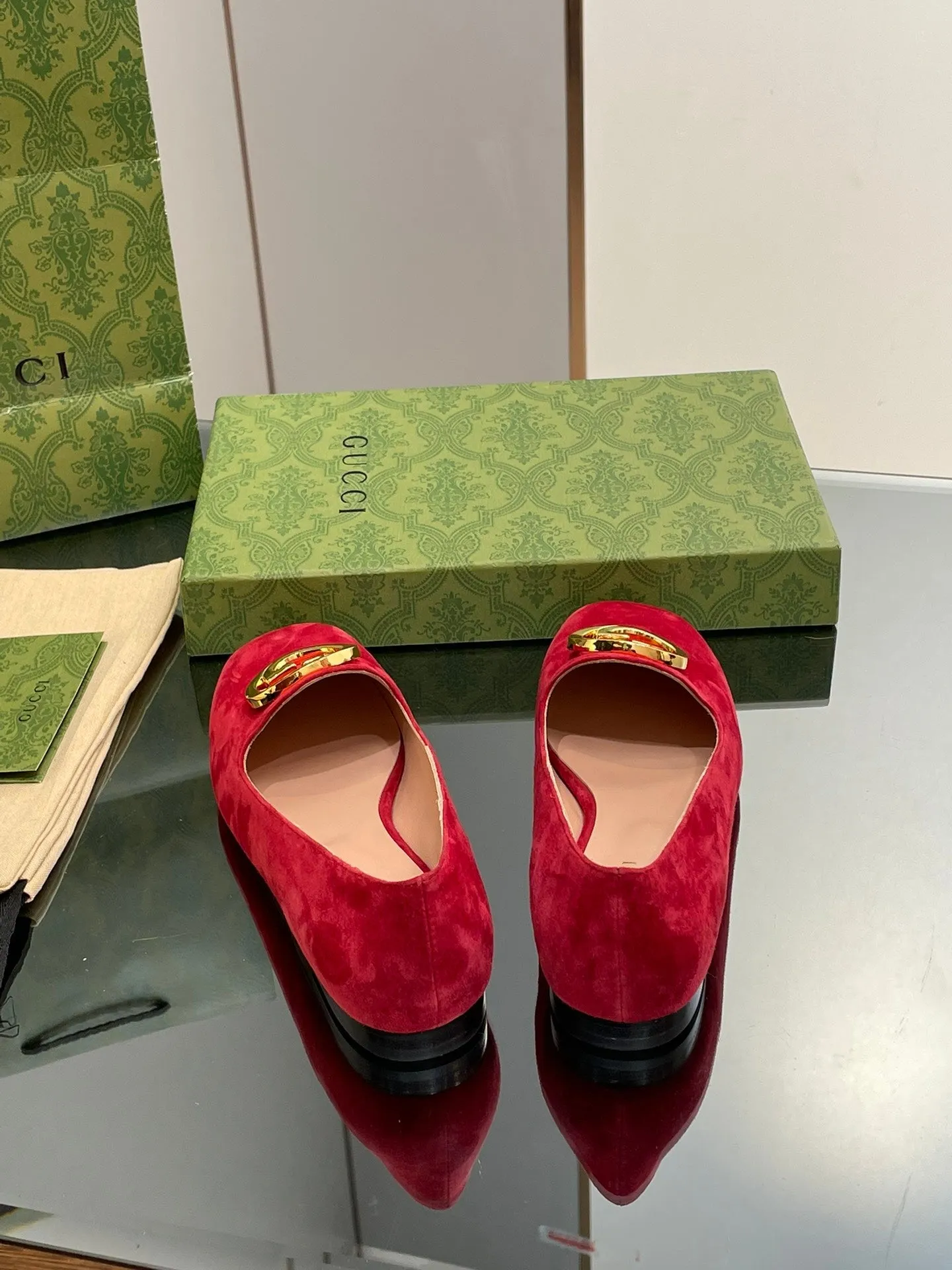 BLONDIE LOGO-PLAQUE LOAFERS IN CRIMSON RED SUEDE WITH GOLD HARDWARE