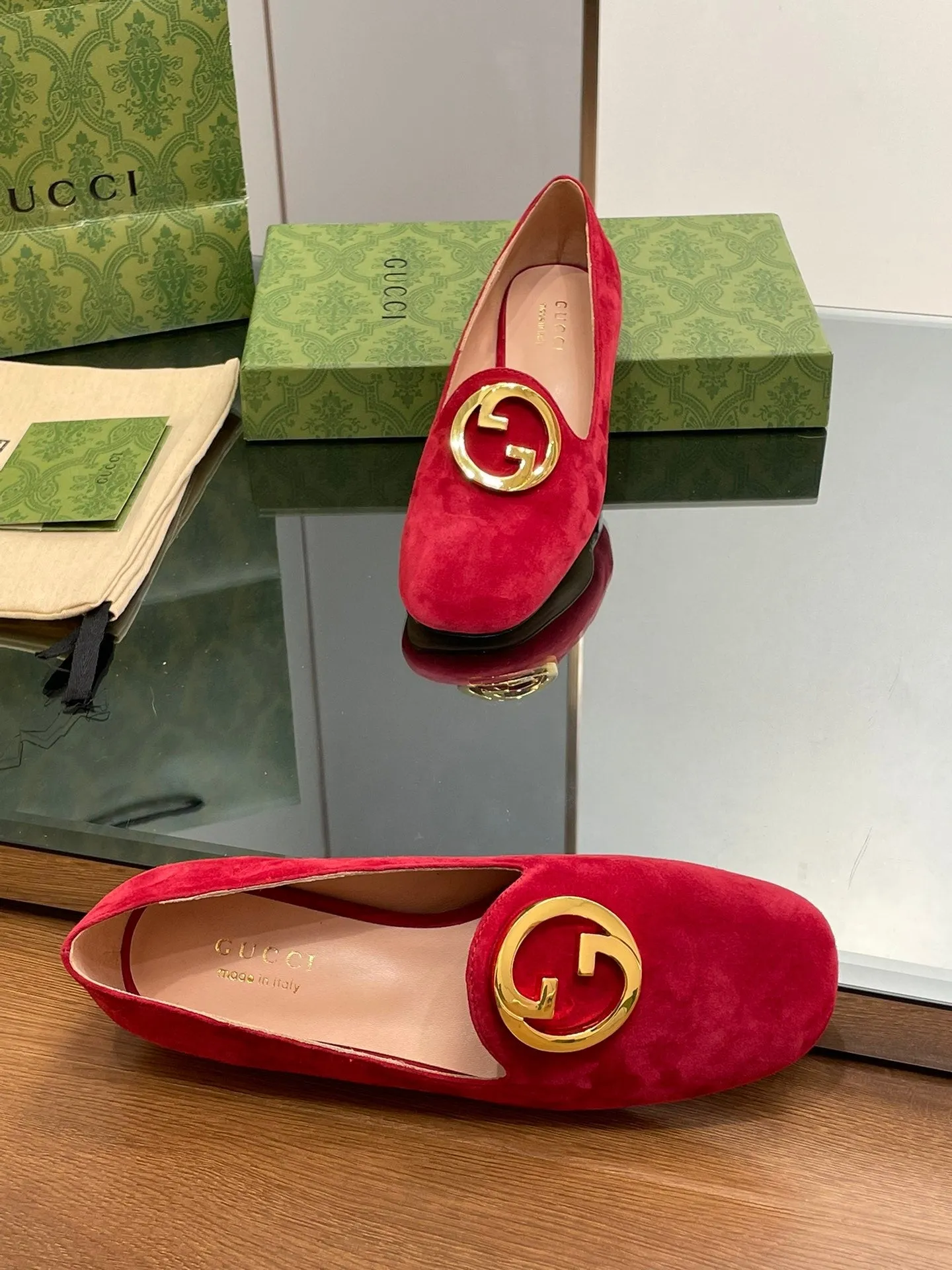 BLONDIE LOGO-PLAQUE LOAFERS IN CRIMSON RED SUEDE WITH GOLD HARDWARE