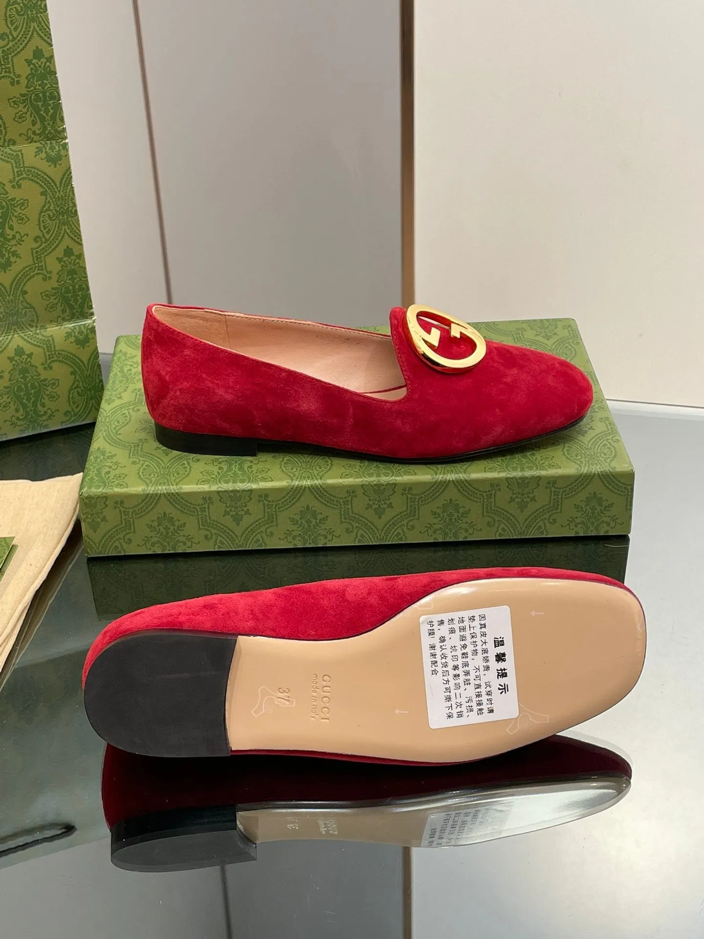 BLONDIE LOGO-PLAQUE LOAFERS IN CRIMSON RED SUEDE WITH GOLD HARDWARE