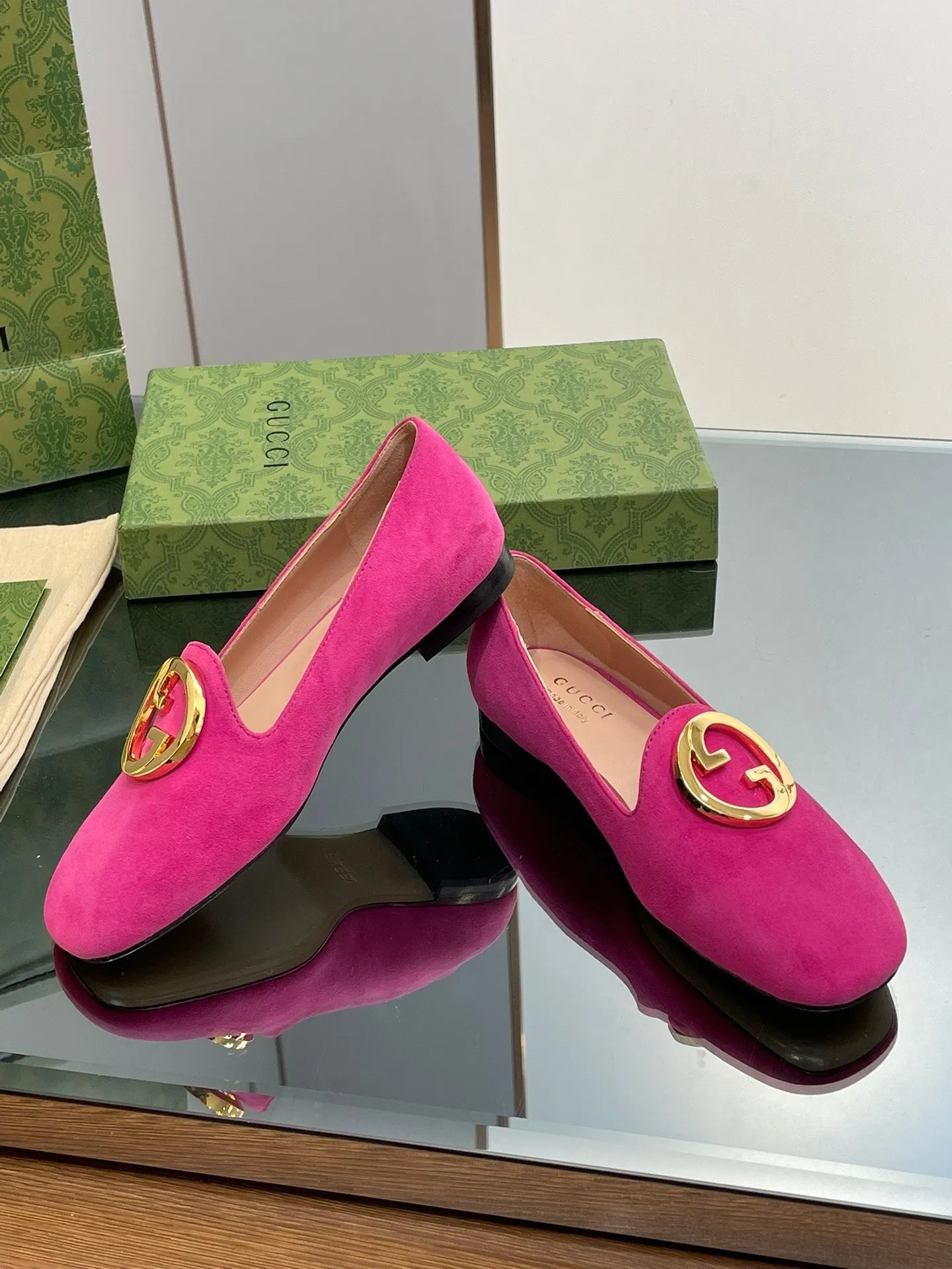 BLONDIE LOGO-PLAQUE LOAFERS IN FUSCIA PINK SUEDE WITH GOLD HARDWARE