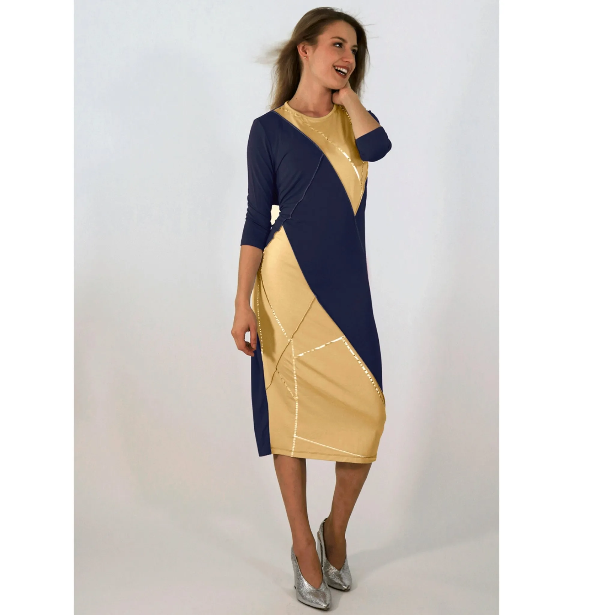 Boho Chic Dress: Stitched Navy/Camel Kintsugi