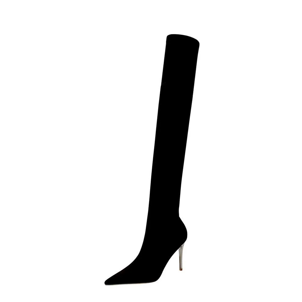 Chicvane Pointed Toe Thigh High Boots Stiletto Heel Elastic Stocking Boots