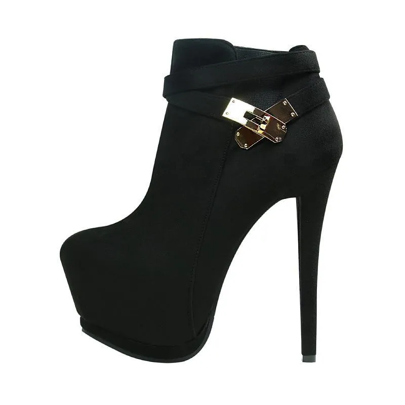 Chicvane Stiletto Heel Waterproof Platform Boots with Metal Belt Buckle