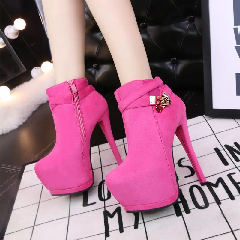 Chicvane Stiletto Heel Waterproof Platform Boots with Metal Belt Buckle