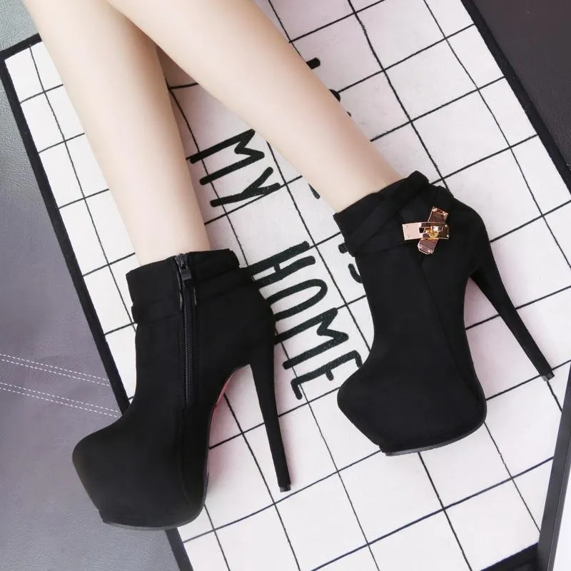 Chicvane Stiletto Heel Waterproof Platform Boots with Metal Belt Buckle