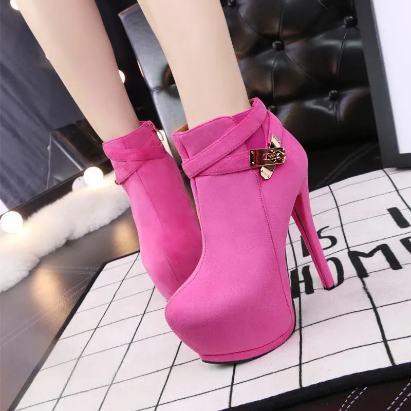 Chicvane Stiletto Heel Waterproof Platform Boots with Metal Belt Buckle