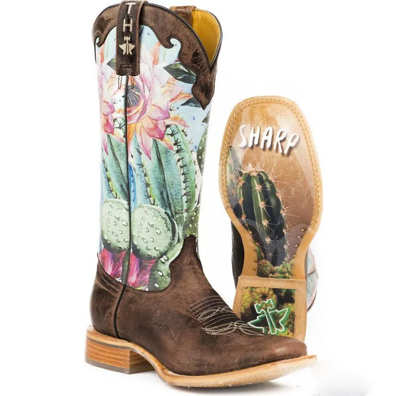 Chicvane Womens Embroidery Floral Printed Color Block Chunky Heel Cowboy Knee High Boots