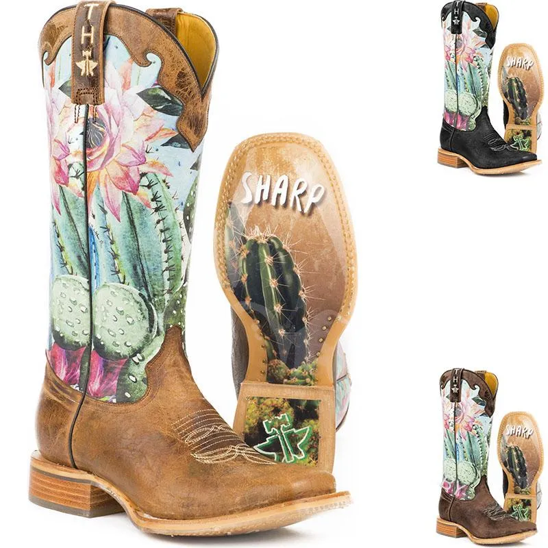 Chicvane Womens Embroidery Floral Printed Color Block Chunky Heel Cowboy Knee High Boots