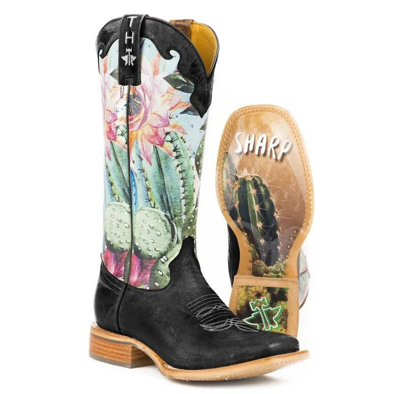 Chicvane Womens Embroidery Floral Printed Color Block Chunky Heel Cowboy Knee High Boots