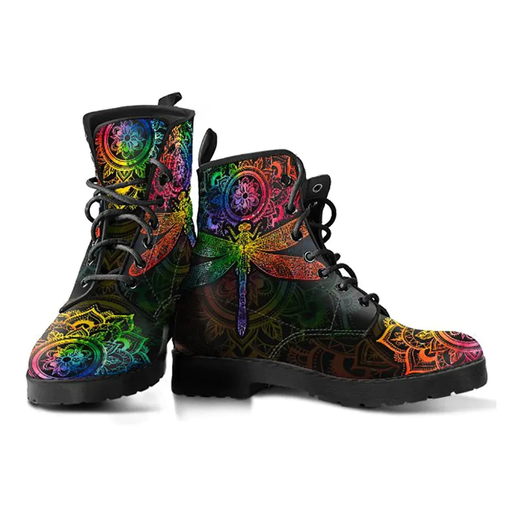 Combat Boots for Women - Mandala Dragonfly Chakra Color Handcrafted Boots
