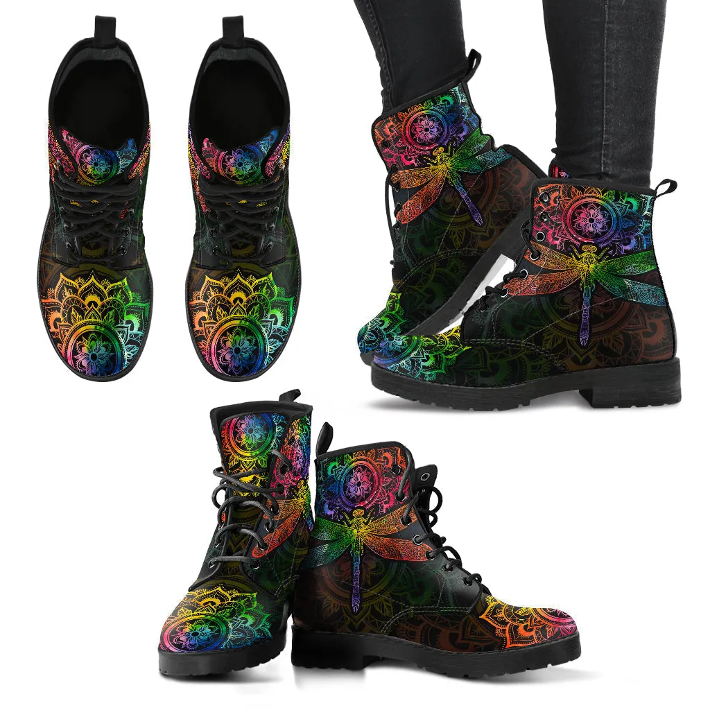 Combat Boots for Women - Mandala Dragonfly Chakra Color Handcrafted Boots