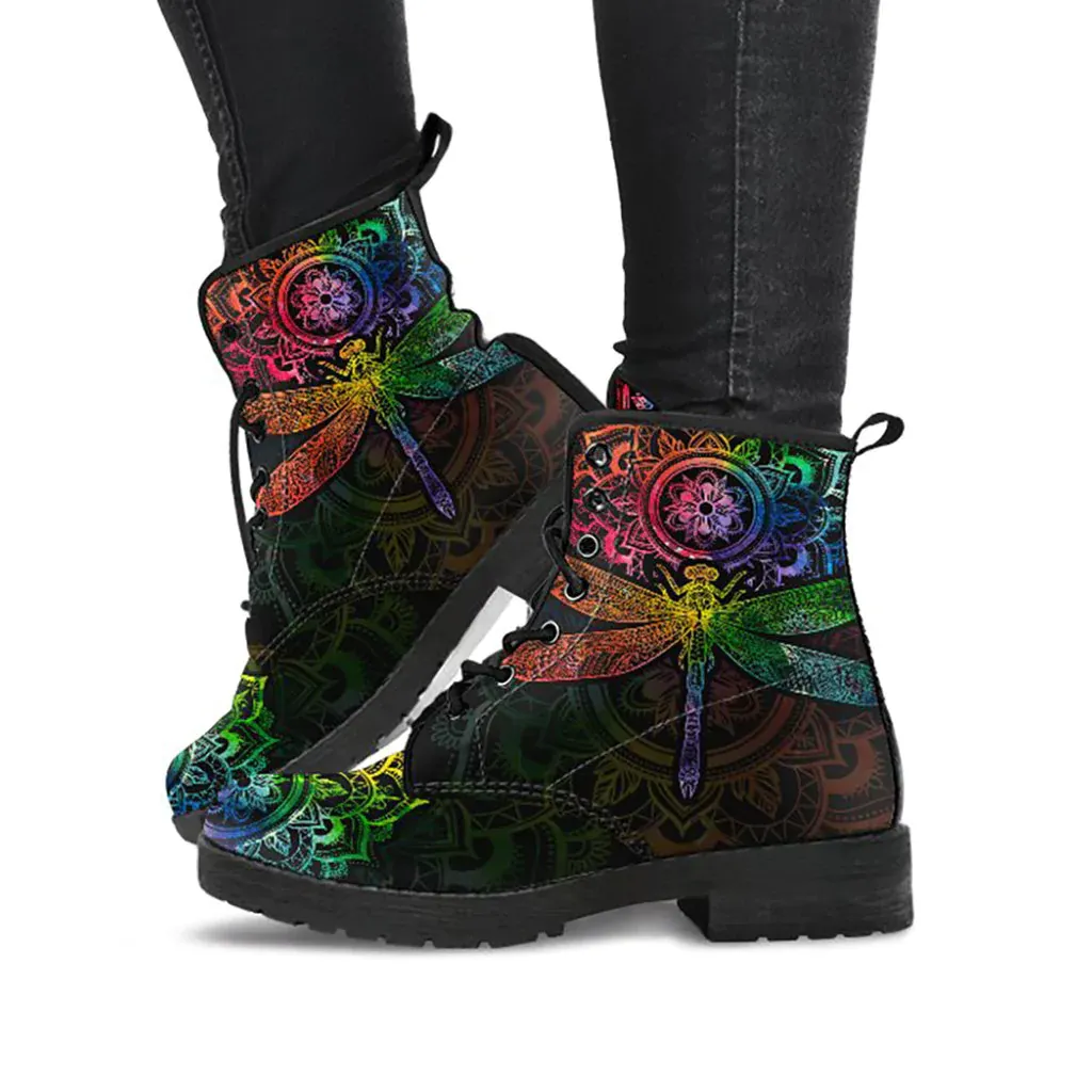 Combat Boots for Women - Mandala Dragonfly Chakra Color Handcrafted Boots