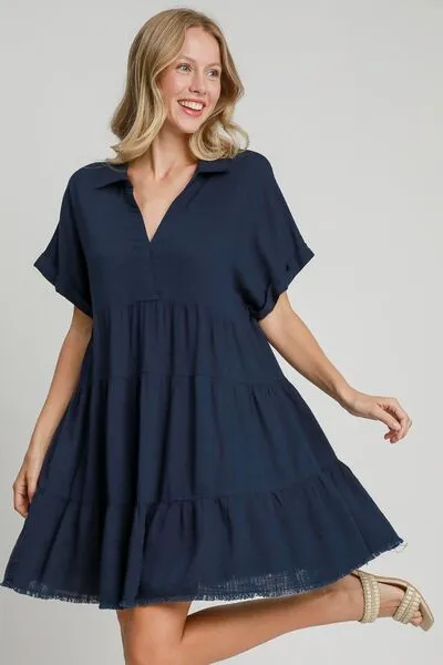 Dark Navy Raw Hem Folded Sleeve Tiered Dress