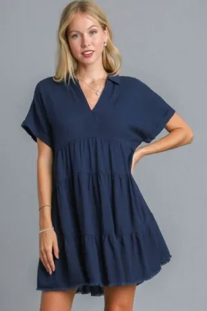 Dark Navy Raw Hem Folded Sleeve Tiered Dress