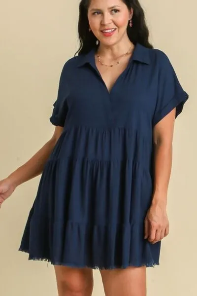 Dark Navy Raw Hem Folded Sleeve Tiered Dress