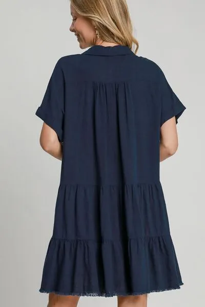 Dark Navy Raw Hem Folded Sleeve Tiered Dress