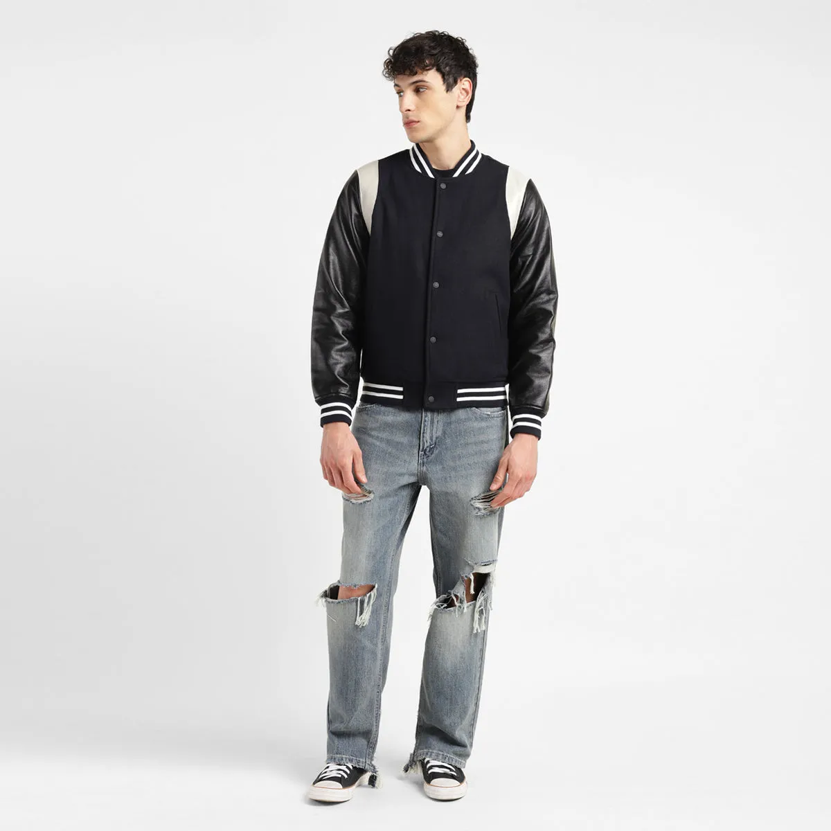Men's Colorblock Navy Mandarin Collar Varsity Jacket