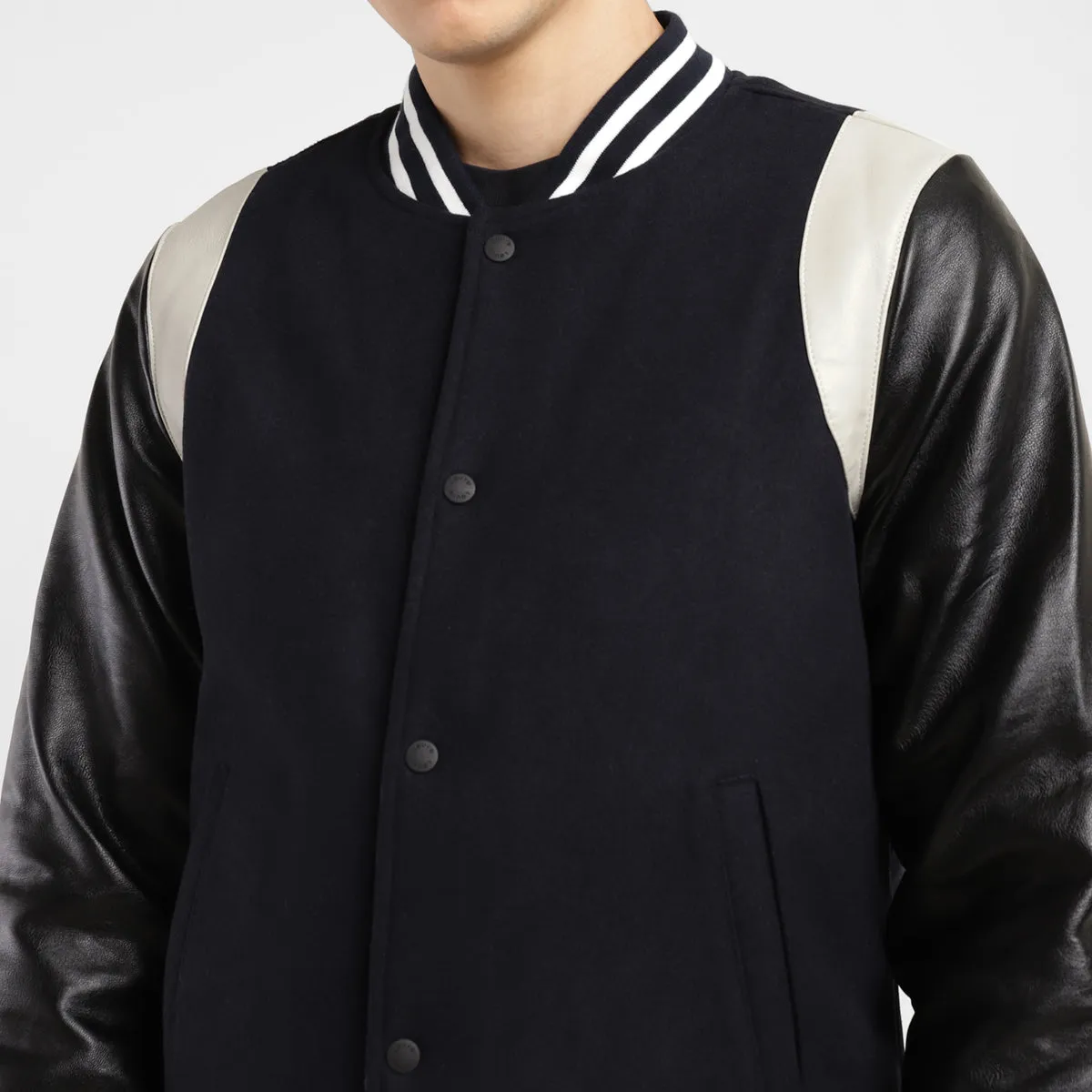 Men's Colorblock Navy Mandarin Collar Varsity Jacket
