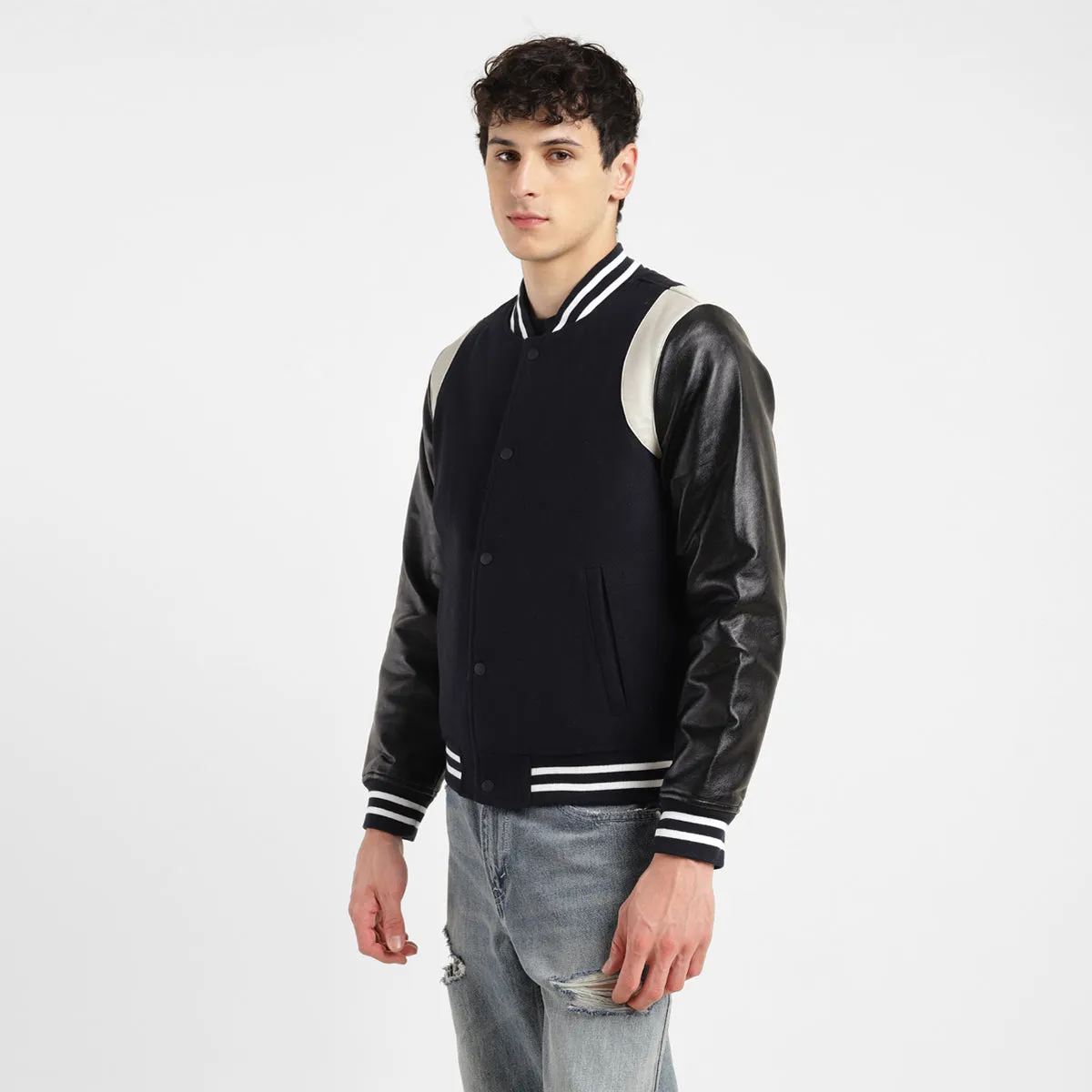 Men's Colorblock Navy Mandarin Collar Varsity Jacket
