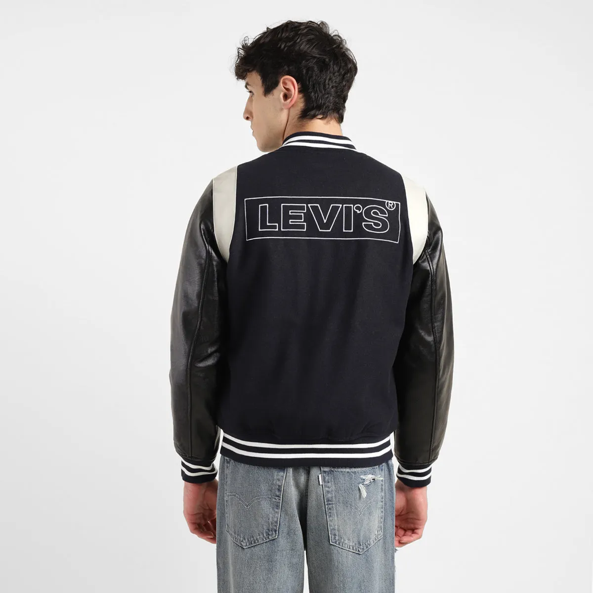 Men's Colorblock Navy Mandarin Collar Varsity Jacket