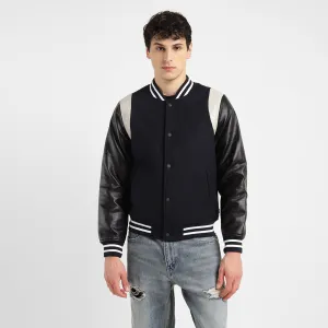 Men's Colorblock Navy Mandarin Collar Varsity Jacket