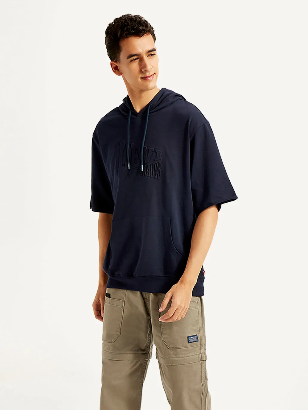 Men's Embossed Navy Hooded Sweatshirt