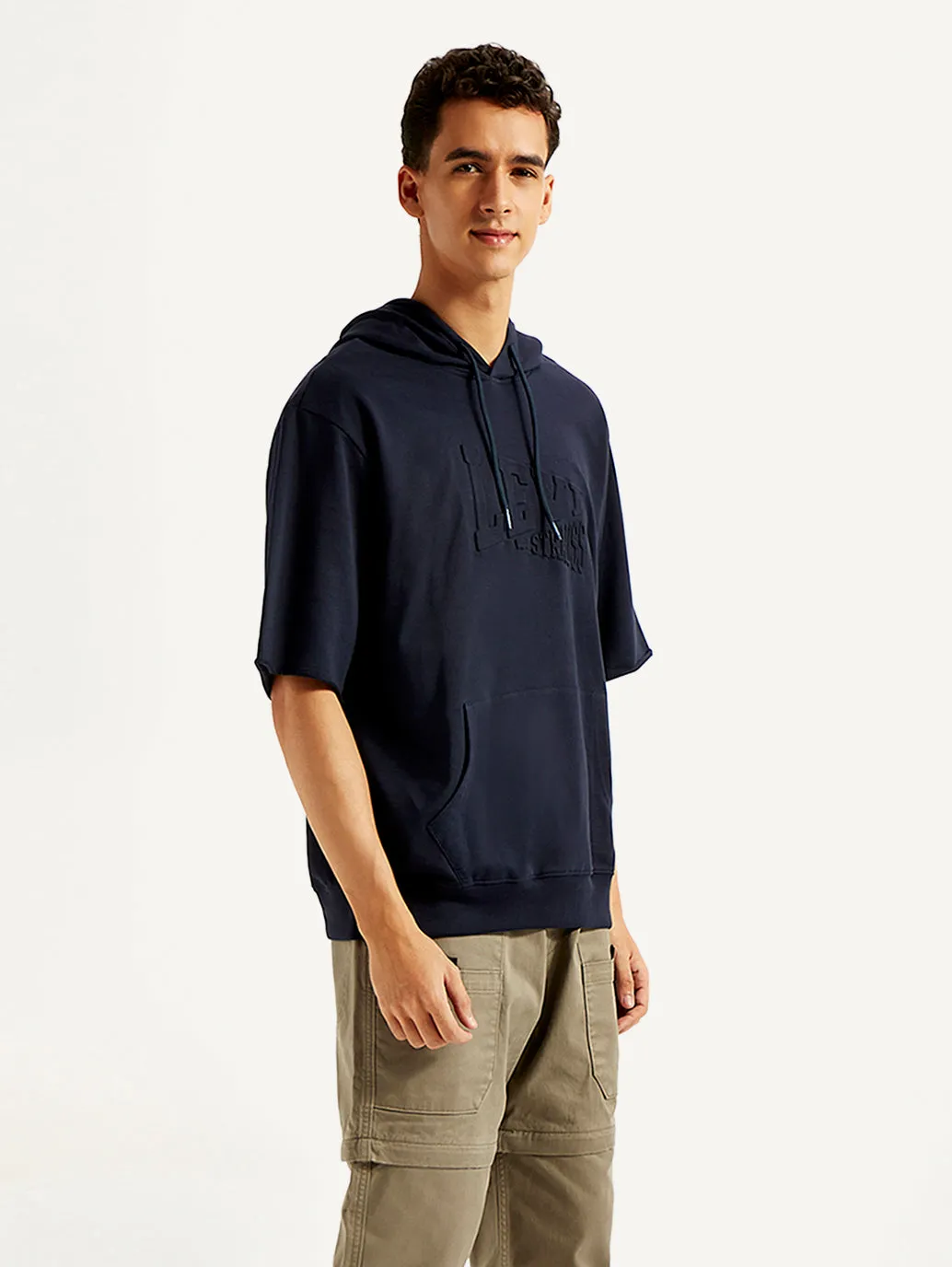 Men's Embossed Navy Hooded Sweatshirt