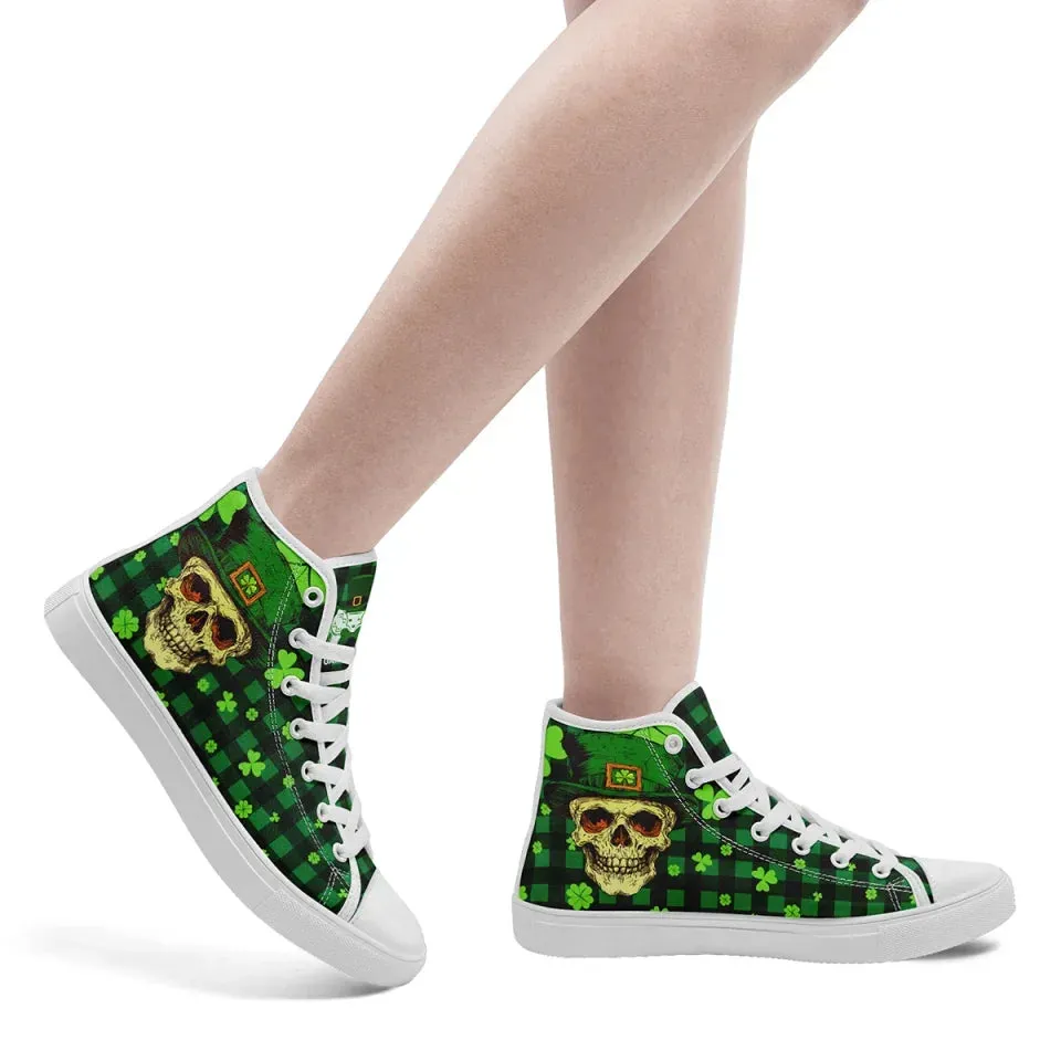 Personalized Lucky Shamrock Sneakers, Custom Festive Green High-Top Shoes, Clover Charm Sneakers