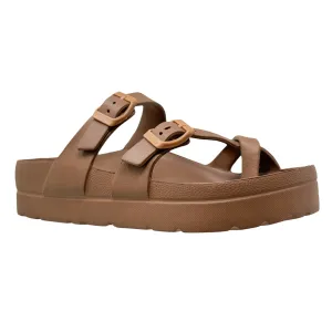 SOBEYO Women's Strappy Platform Sandals Ring Toe Double Buckles Tan