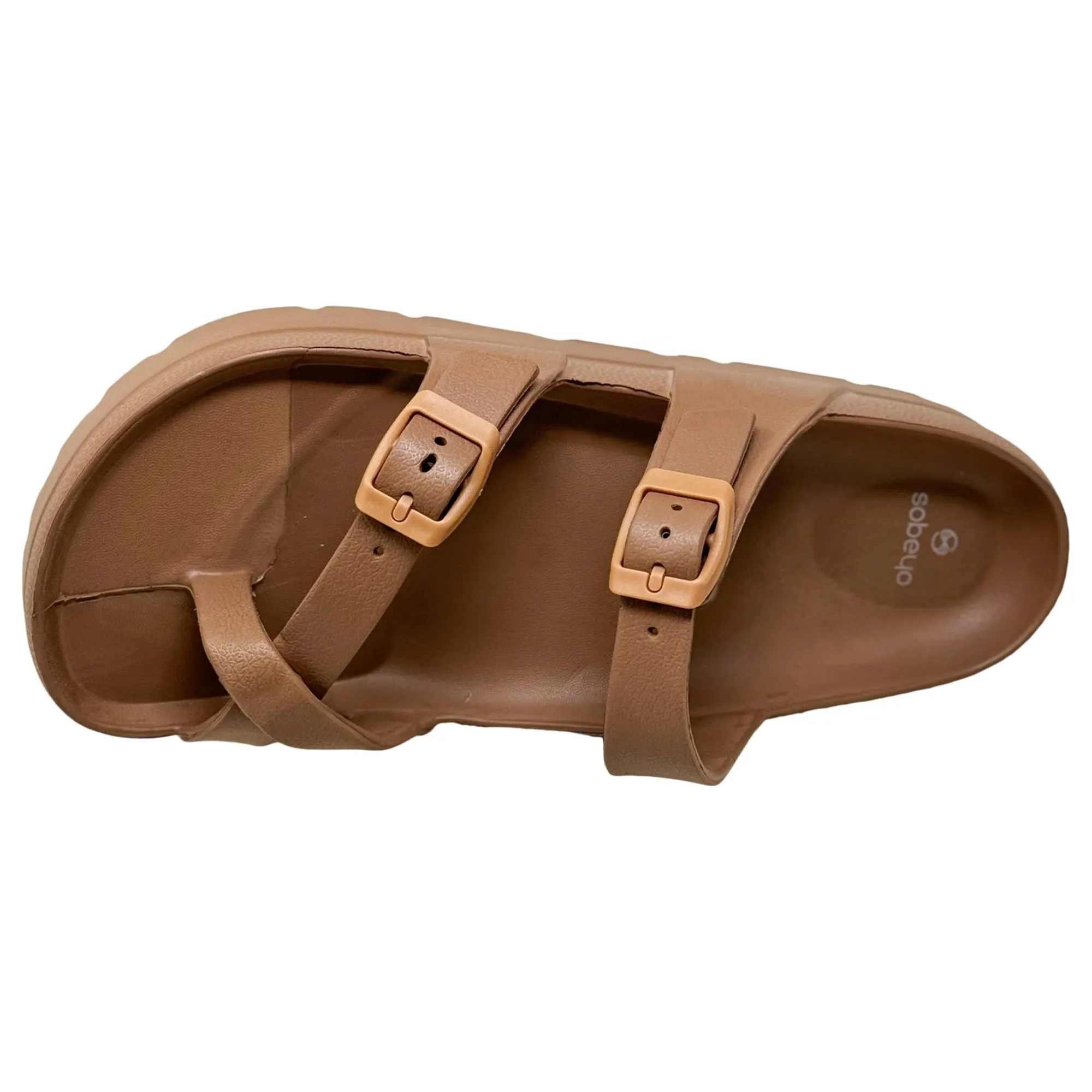 SOBEYO Women's Strappy Platform Sandals Ring Toe Double Buckles Tan