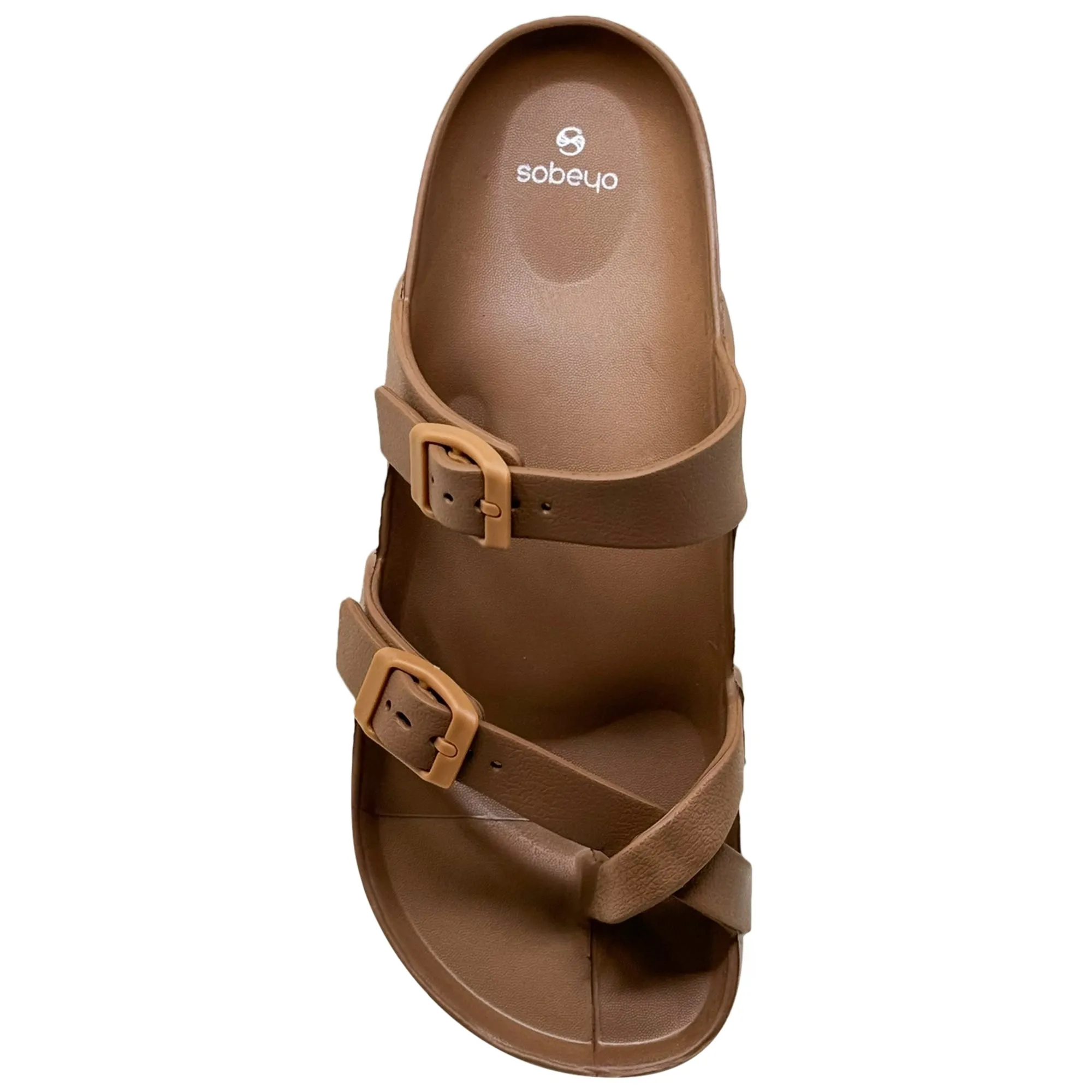 SOBEYO Women's Strappy Platform Sandals Ring Toe Double Buckles Tan