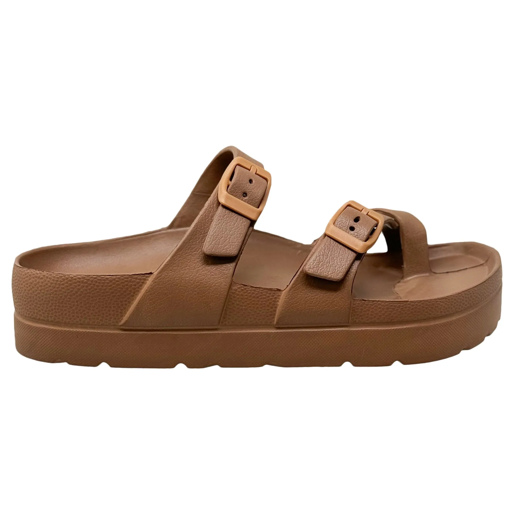SOBEYO Women's Strappy Platform Sandals Ring Toe Double Buckles Tan