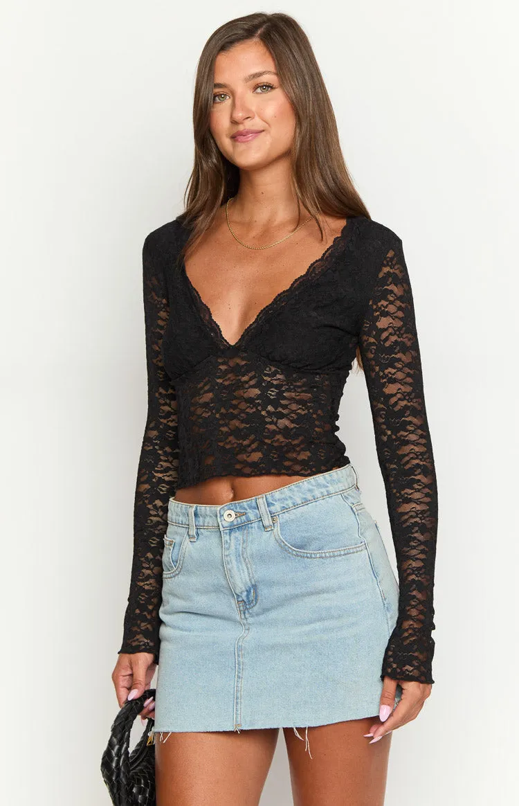 Trevina Black Lace Long Sleeve Top