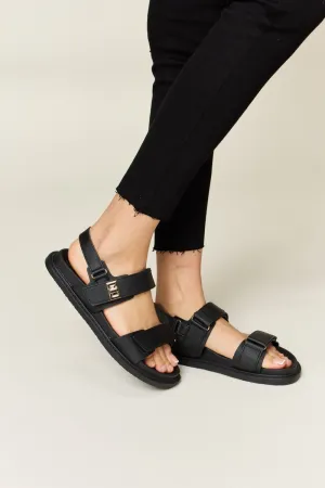WILD DIVA Velcro Double Buckle Strap Slingback Ankle Strap Black Flat Sandals