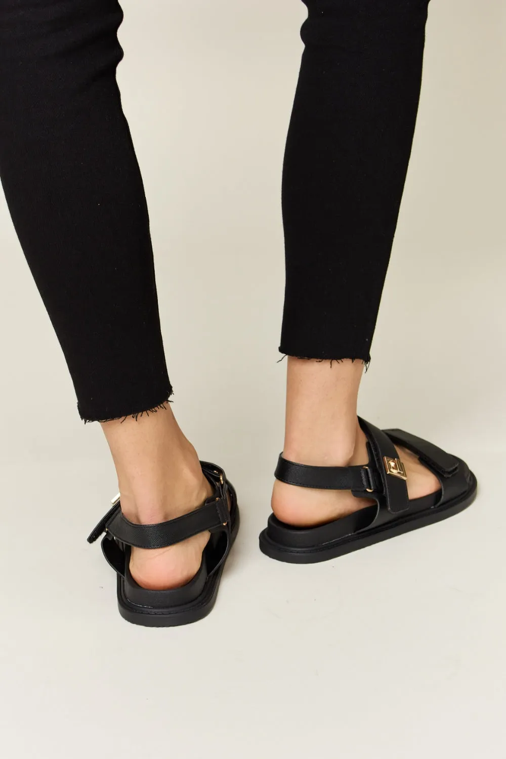 WILD DIVA Velcro Double Buckle Strap Slingback Ankle Strap Black Flat Sandals