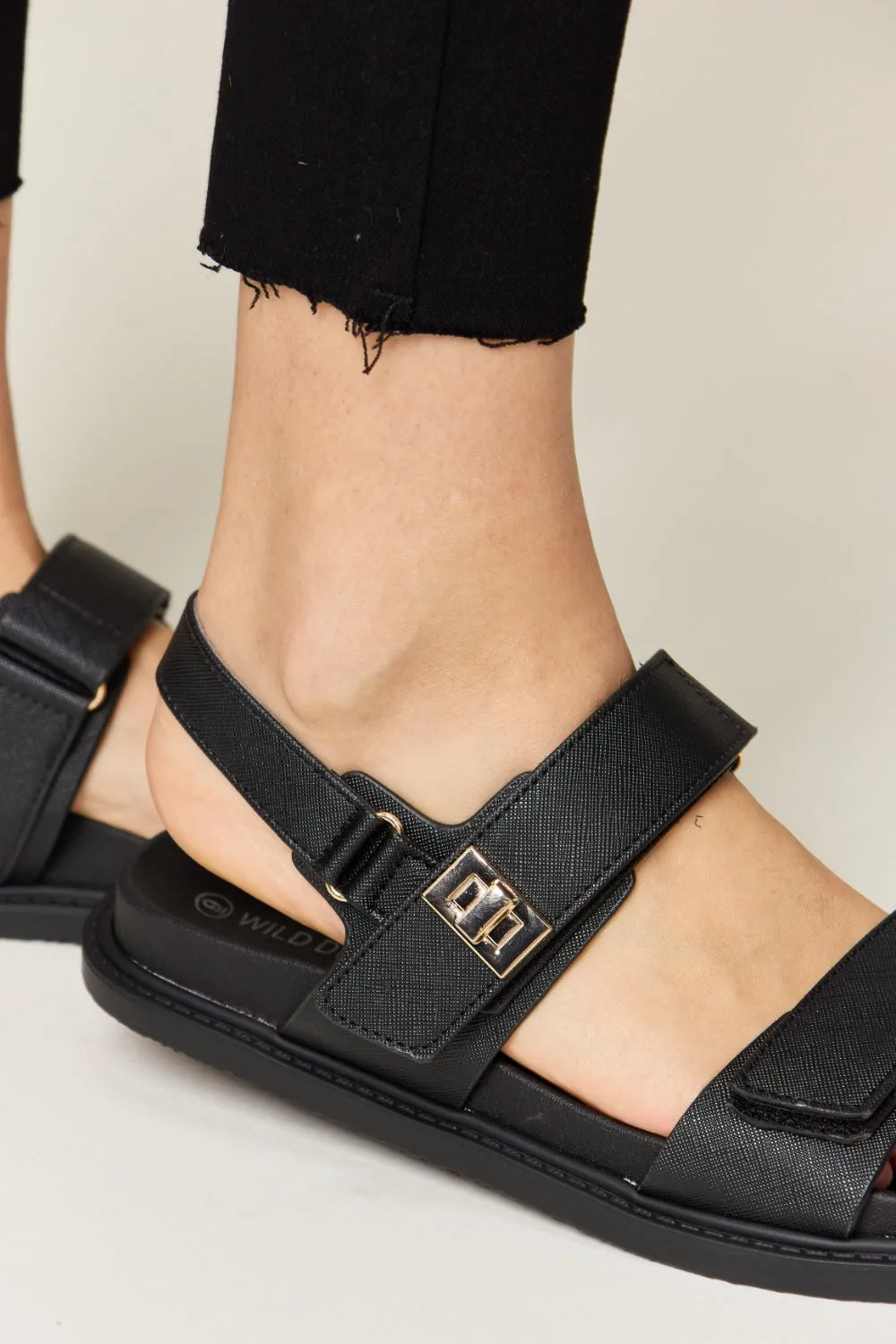 WILD DIVA Velcro Double Buckle Strap Slingback Ankle Strap Black Flat Sandals