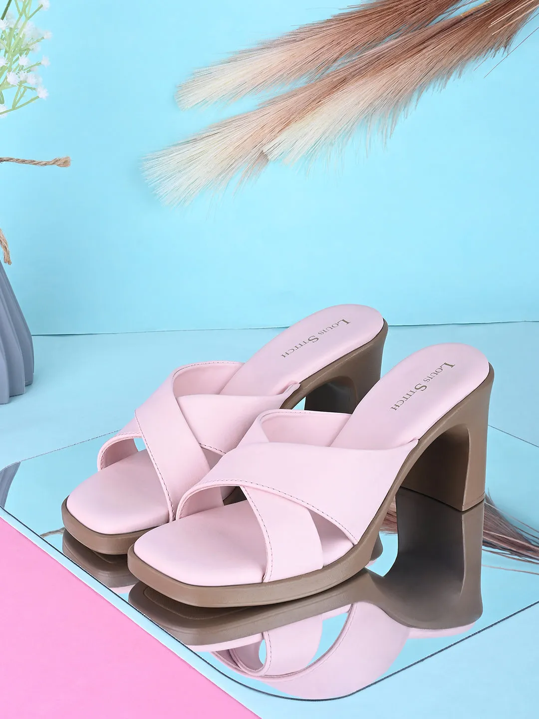 Women's Cross Strap Block Heel Pink Lightweight Sandals